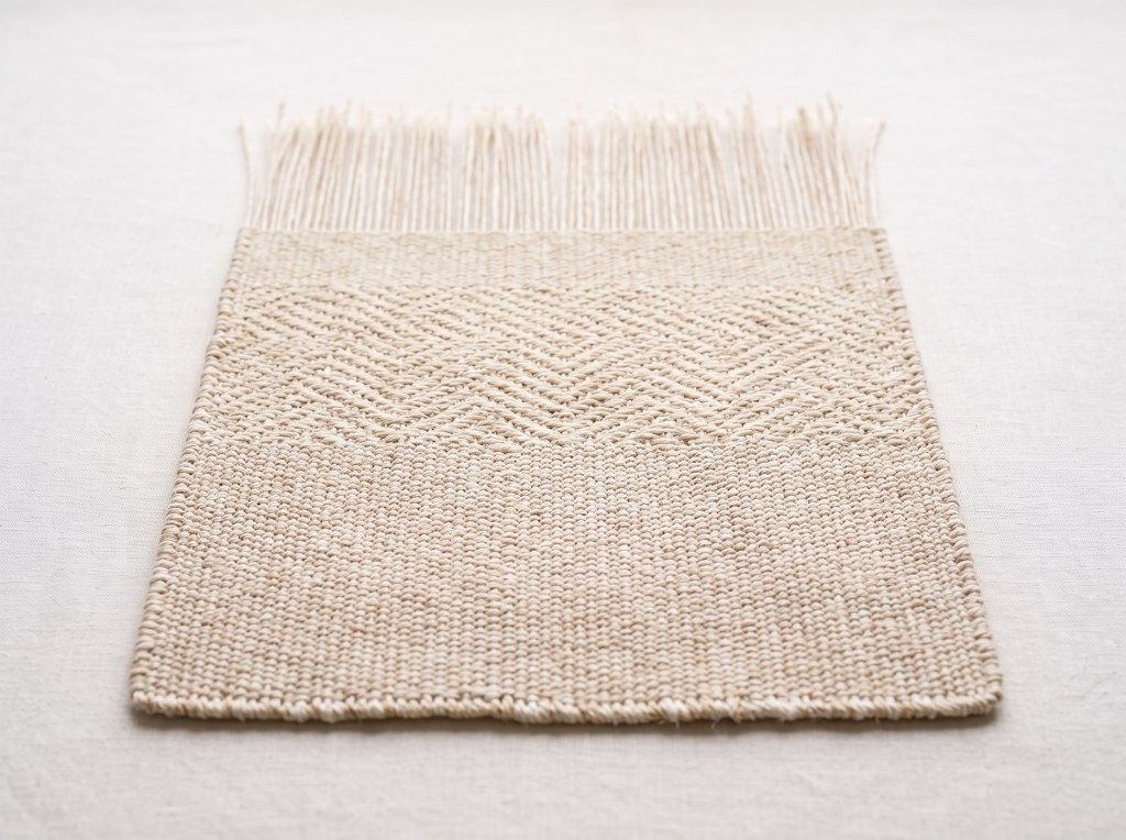 A handwoven sisal panel whose pattern changes partway up, with loose fibres at the top ready to continue
