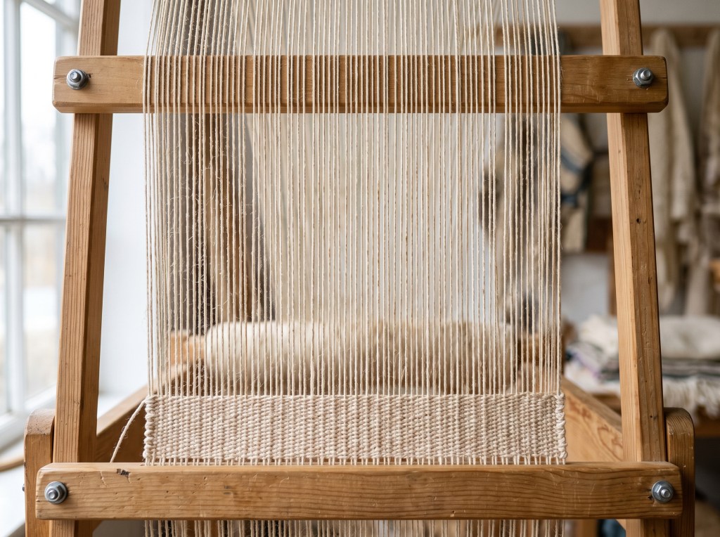 Natural fibre warp threads set up on a wooden loom, with the first rows of weaving just begun